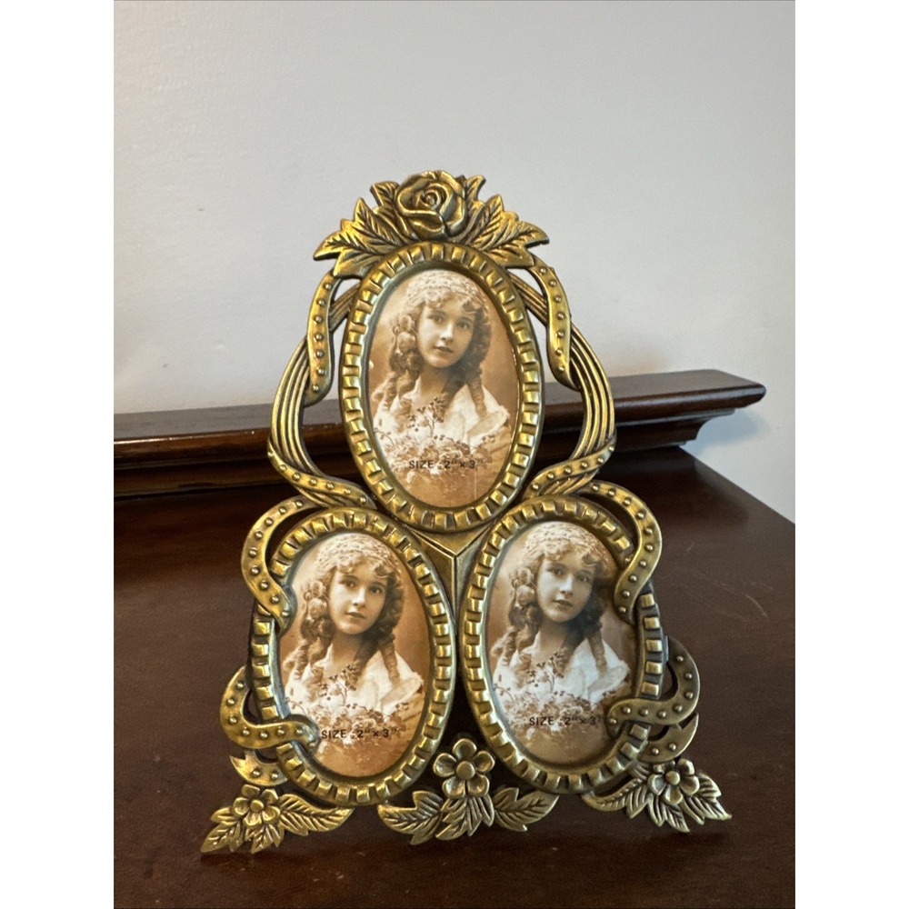 Giftcraft 2"x3" Photo Frame Vintage Pewter Triple Picture Frame Roses 7.5" NOS